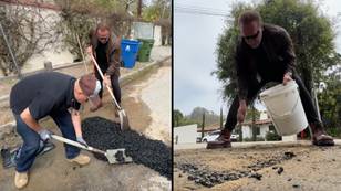Arnold Schwarzenegger fills pothole on his street himself after being sick of waiting for it to be fixed