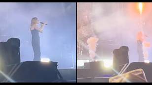 Terrifying moment Ellie Goulding is hit in the face by own pyro special effects on stage