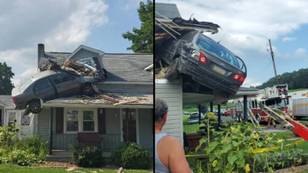Incredible moment car launches into the air and crashes into a house during wild accident