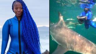 Free Diver Dubbed The 'Blue-Haired Mermaid' Wrestles With Sharks For A Living