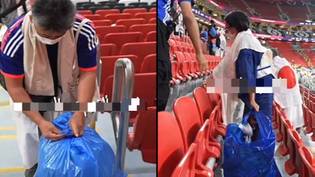 日本球迷留下来清理世界杯体育场