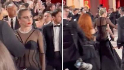 Lady Gaga runs to pick up paparazzi after he trips and falls on Oscars carpet