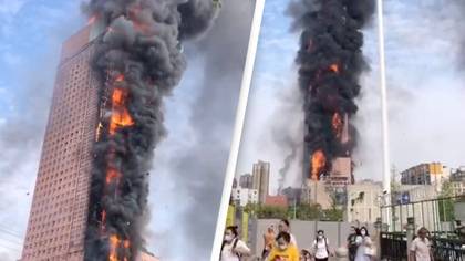 Huge fire engulfs Chinese skyscraper in horrifying footage