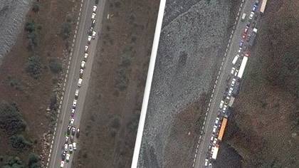 Shocking satellite images show just how many people are trying to flee Russia
