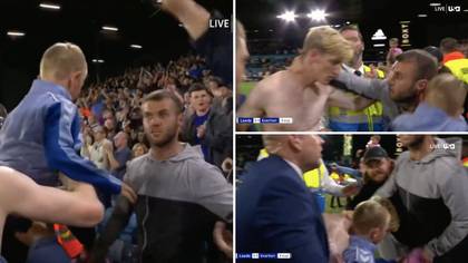 The incredible moment Everton fan forgets he has a son while trying to hug Anthony Gordon