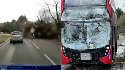 Shocking Moment Tree Crashes Into Bus In Storm Eunice Winds