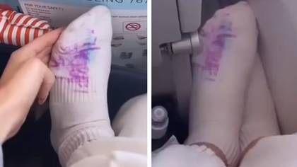 Woman on plane stunned as she wakes up from nap to child drawing on her sock