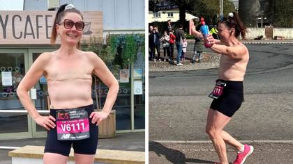 Mum praised for running virtual London Marathon topless to raise awareness of mastectomy scars