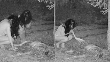 Topless 'witches' caught munching on deer carcass in bizarre CCTV footage