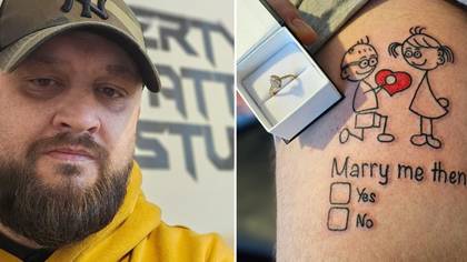 Man proposes to girlfriend with giant 'marry me' thigh tattoo