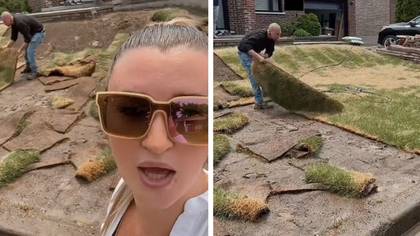 Female landscaper rips out grass from customer's front garden after they refuse to pay