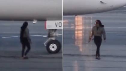 Shocking moment woman who missed her flight runs onto tarmac to try catch plane