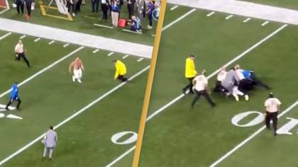 Wild fan runs on field at Super Bowl and gets tackled by security during the game