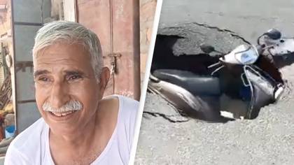 Man lucky to be alive after huge sinkhole sucks down his motorbike