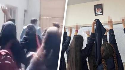 Iranian schoolgirls give the middle finger to the country's leaders as they remove their hijabs
