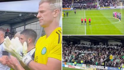Celtic fans sing chants and hold up anti-monarchy banner during minute's applause for the Queen