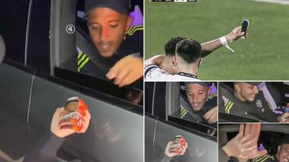 Jadon Sancho celebrated goal for Manchester United by holding personalised shin-pad given to him by young fan