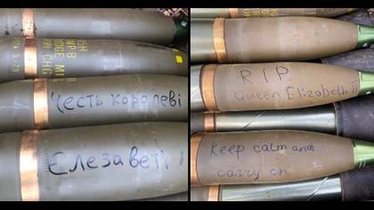 乌克兰士兵在炸弹上写了伊丽莎白女王在炸弹上致敬