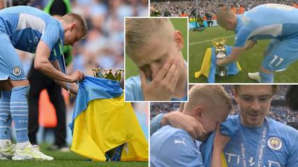 Tearful Oleksandr Zinchenko Places Ukraine Flag On Premier League Trophy After Manchester City's Dramatic Win