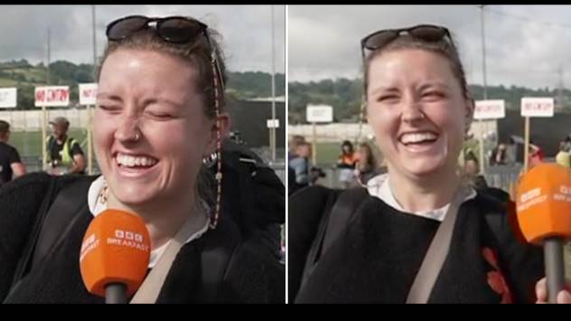 Glastonbury fan can’t stop laughing as she’s interviewed on live TV