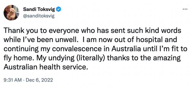 The Bake Off host is staying in Australia until she is well enough to fly home. Credit: Twitter / @sanditoksvig