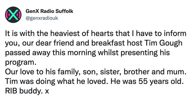 His station confirmed the sad news on Twitter. Credit: Twitter