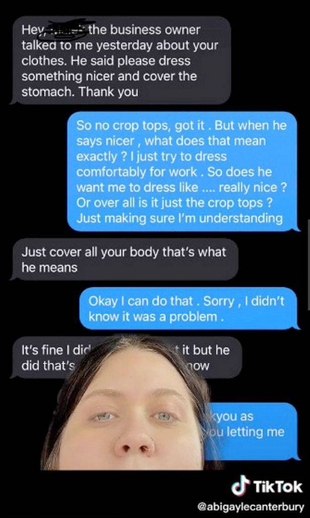 She shared part of the messages her manager sent her. Credit: TikTok/Abigayle Canterbury