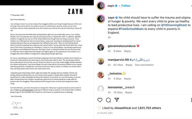 Zayn Malik has called on Prime Minister Rishi Sunak to ‘give all children living in poverty’ a free school meal. Credit: Instagram 