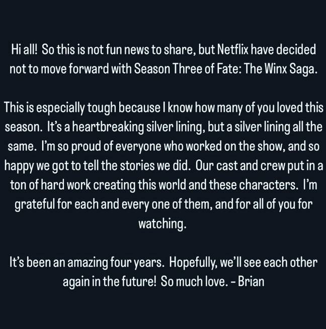 It was confirmed today (1 November) that Fate: The Winx Saga has been binned by Netflix. Credit: Instagram/@brianjyoung