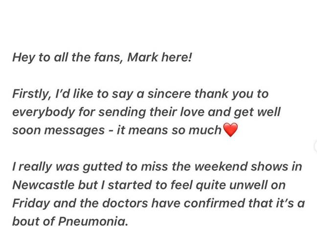  Feehily shared his health update with fans on Instagram on Monday (28 November). Credit: Instagram/markusmoments