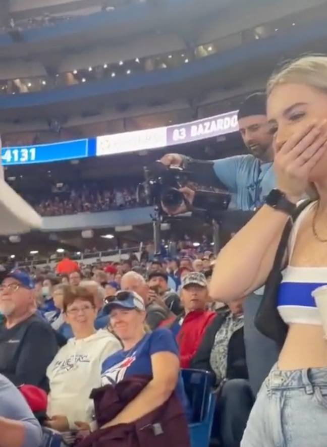 The man proposed at a Toronto Blue Jays vs Boston Red Sox game at the Rogers Centre. Credit: @canadianpartylife/TikTok