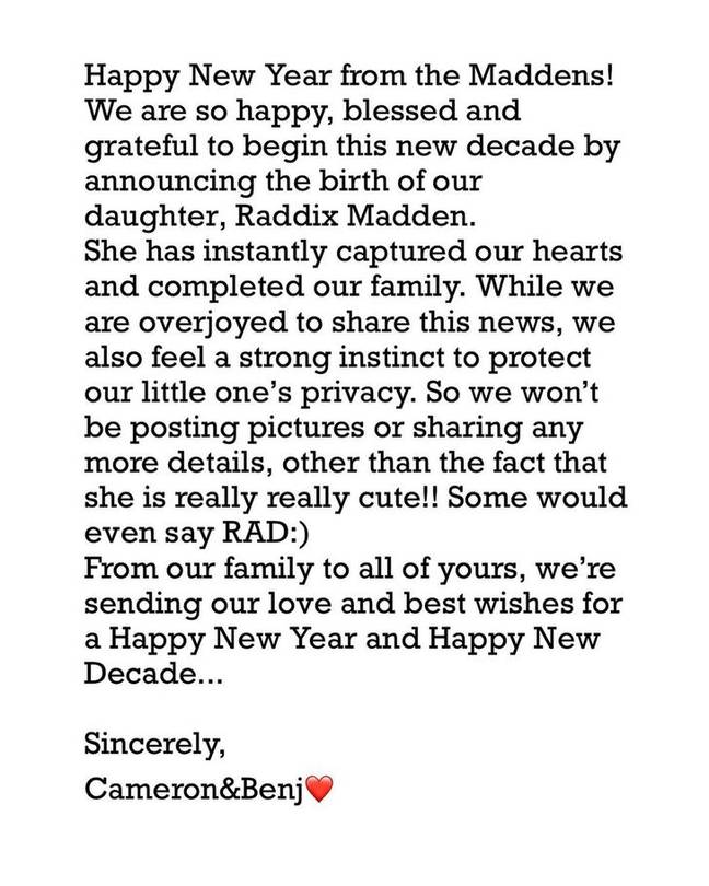 The new mum wrote a sweet message on Instagram. Credit: @camerondiaz/Instagram
