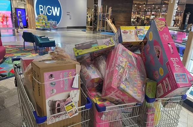 The presents filled three deep shopping trolleys. Credit: BIG W MUMS AUSTRALIA/Facebook                          