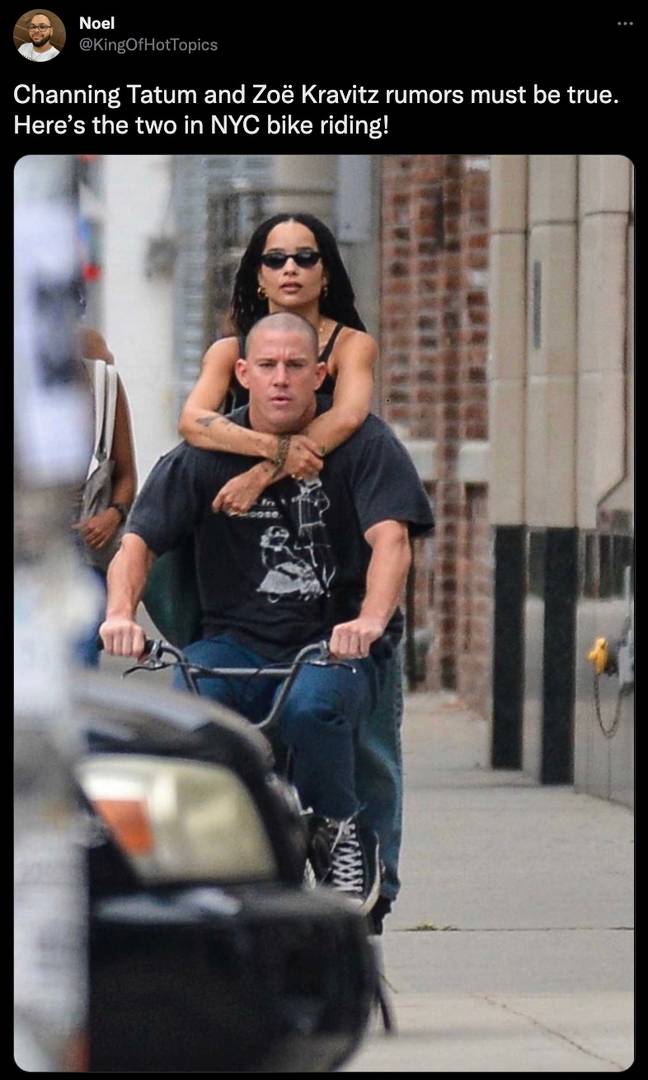 Channing Tatum gave Zoë Kravitz a lift on a bike which was about five sizes too small for him in August 2021. Credit: @KingOfHotTopics / Twitter