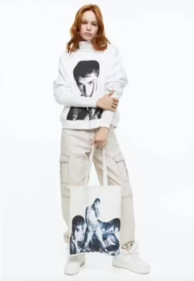 The items feature black-and-white images of Bieber. Credit: H&amp;M