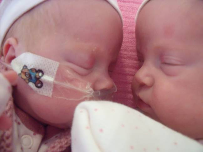 For Sarah Miles, this story was all too familiar for her. In 2011, Sarah, 44, gave birth to identical twin girls Eva (left) and Charlotte (right) at just 28 weeks old (Sarah Miles).