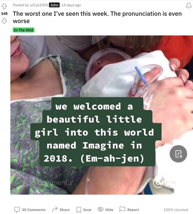A couple announced their baby's name as being, Imagine. Credit: u/Cye1000/ Reddit