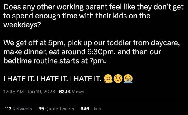 A mum says she 'hates' not being able to spend enough time with her child. Credit: Twitter 