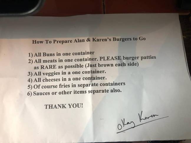 One couple sent a list of requirements for their burgers (Credit: Facebook)