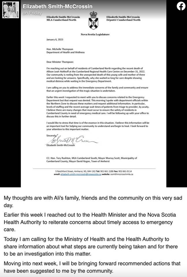 Elizabeth Smith-McCrossin has reached out to the Health Minister and Nova Scotia Health Authority to express concerns about emergency care. Credit: Facebook