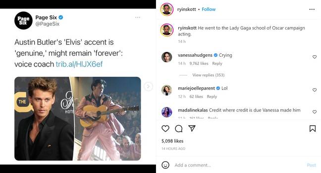 Vanessa Hudgens found it pretty funny that Austin Butler's voice might never change back. Credit: Instagram/@ryinskott