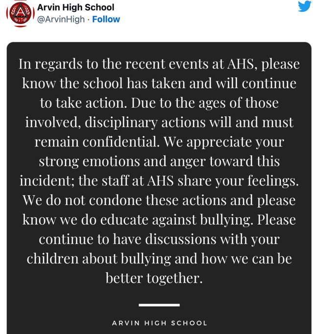 Arvin High School responded to the incident on Twitter. Credit: @ArvinHigh/Twitter