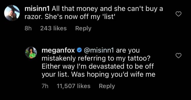 Fox wasted no time in hitting back at the troll. Credit: @meganfox/Instagram