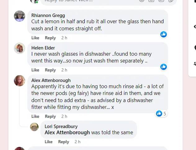 Other members of the group chimed in with their DIY dish-cleaning hacks. Credit: Mrs Hinch Cleaning Tips/Facebook
