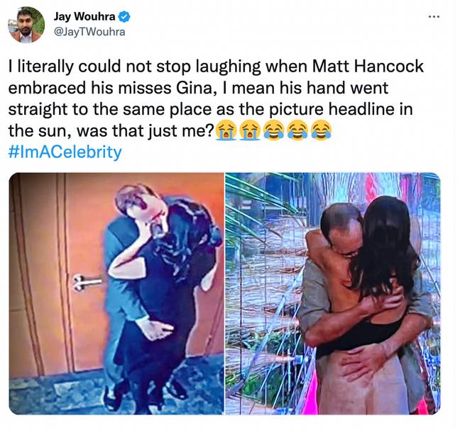 Viewers spotted similarities in Hancock and Gina's reunion last night. Credit: @JayTWouhra/Twitter