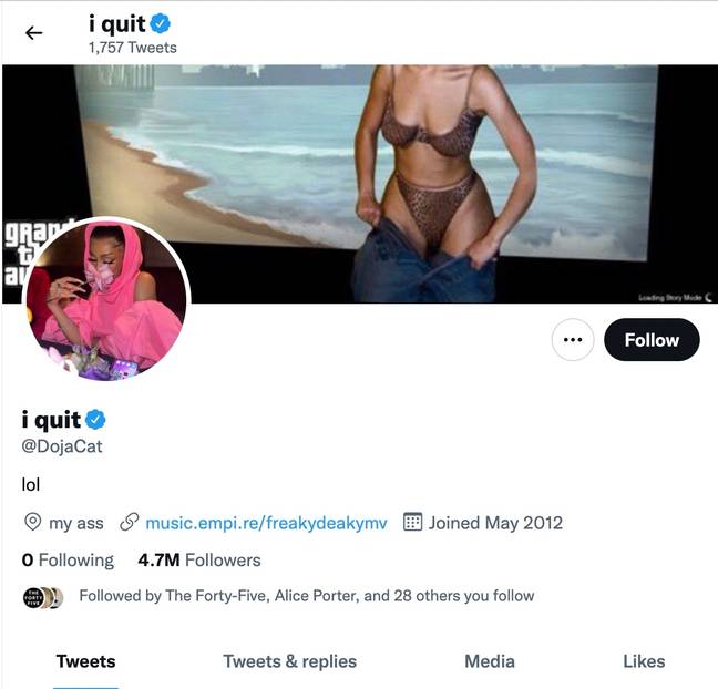 However, after replying to more tweets from like-minded fans, Doja Cat changed her name on Twitter to: “I quit&quot; (Twitter Doja Cat)
