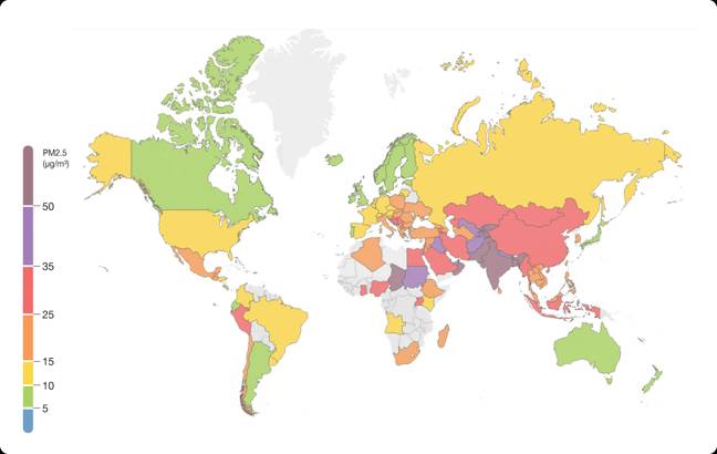 Air pollution across the globe. Credit: IQAir