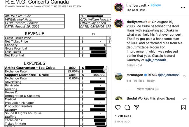 Drake's payment for the gig was shared on Instagram. Credit: @theflyervault/Instagram 