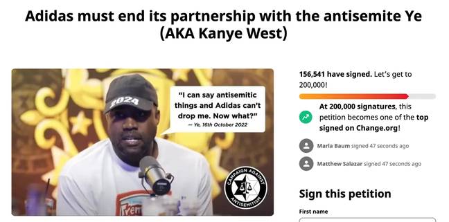 A petition was launched calling on Adidas to drop Ye. Credit: Change.org