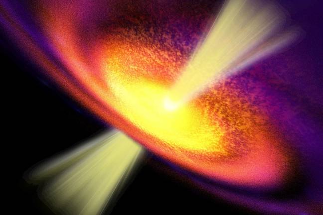 Powerful streams of energy spew out of a black hole in the middle of a galaxy. Artist's impression, obviously. Credit: Corey Ford / Alamy 